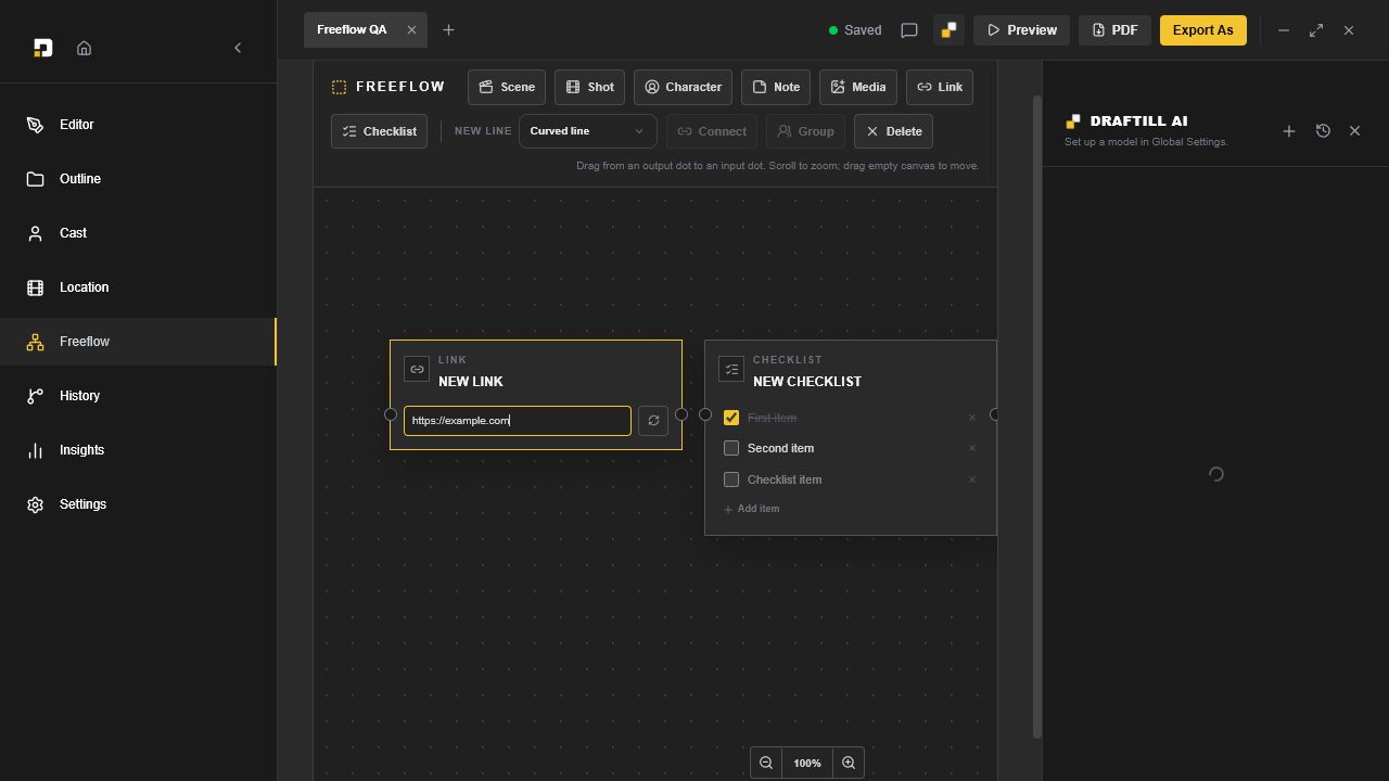Draftill Freeflow canvas showing connected link and checklist nodes beside optional Draftill AI